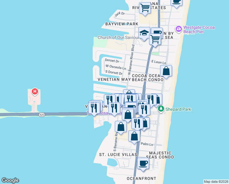 map of restaurants, bars, coffee shops, grocery stores, and more near 375 Barrello Lane in Cocoa Beach