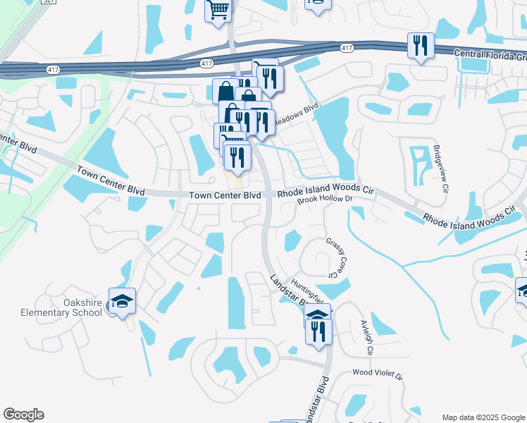 map of restaurants, bars, coffee shops, grocery stores, and more near 1350 Lucaya Circle in Orlando