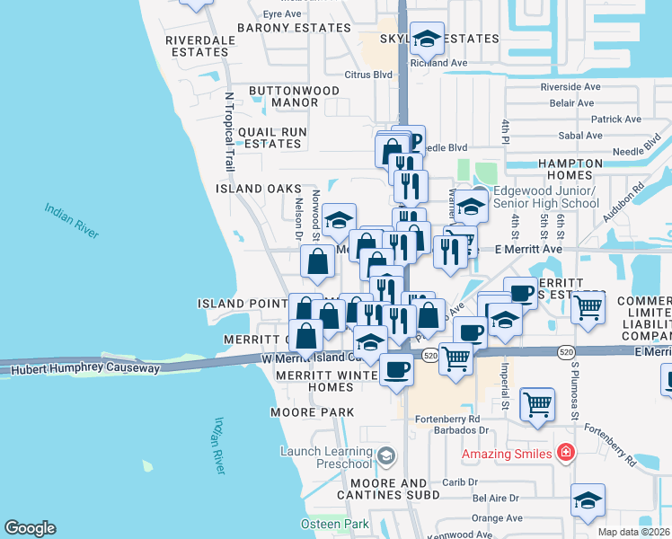 map of restaurants, bars, coffee shops, grocery stores, and more near 255 Parnell Street in Merritt Island