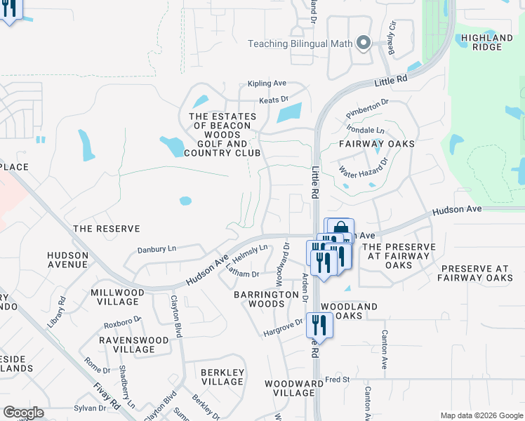 map of restaurants, bars, coffee shops, grocery stores, and more near 13953 Tennyson Drive in Hudson