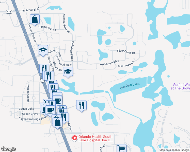 map of restaurants, bars, coffee shops, grocery stores, and more near 1151 Woodflower Way in Clermont