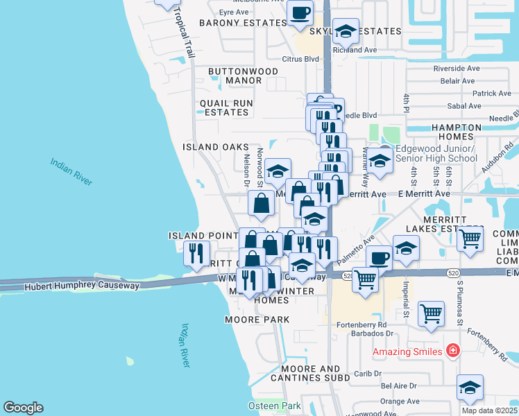 map of restaurants, bars, coffee shops, grocery stores, and more near 352 Hibiscus Ave in Merritt Island