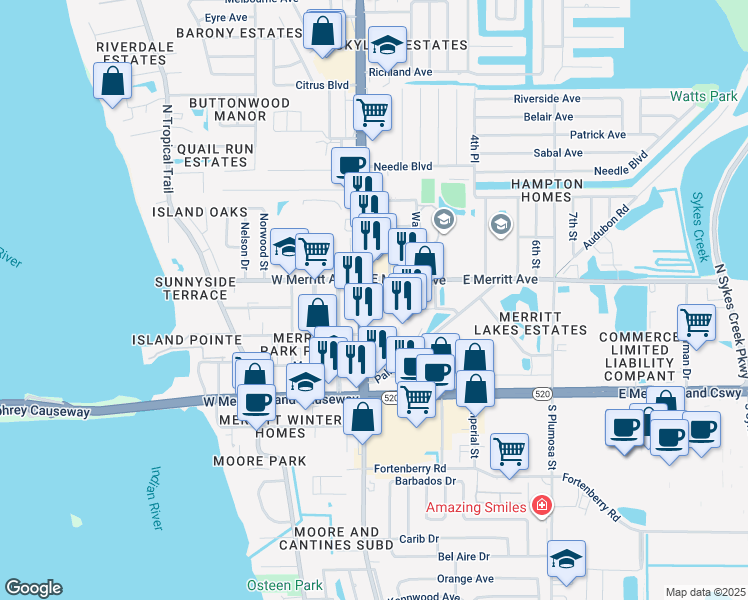 map of restaurants, bars, coffee shops, grocery stores, and more near 250 Florida 3 in Merritt Island