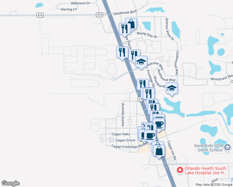 map of restaurants, bars, coffee shops, grocery stores, and more near 899 Avenida Quinta in Clermont