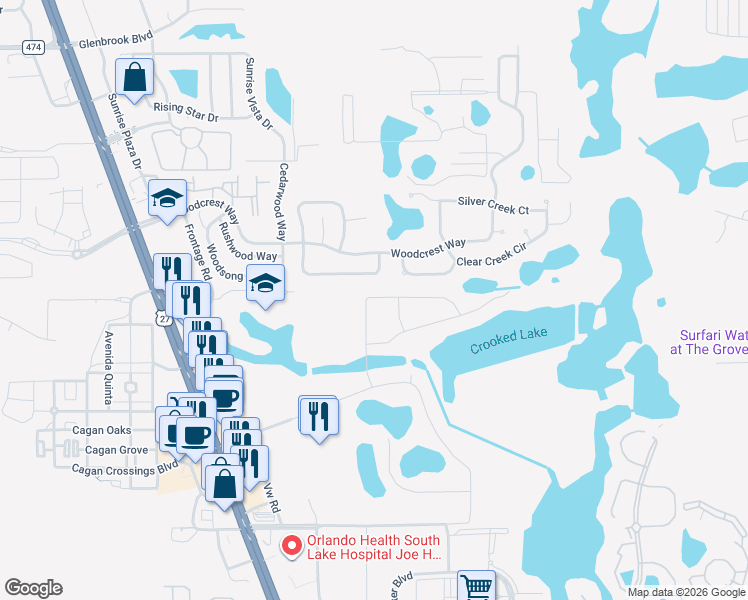 map of restaurants, bars, coffee shops, grocery stores, and more near 1151 Woodflower Way in Clermont