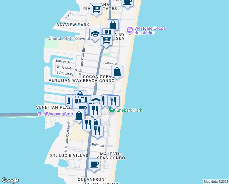 map of restaurants, bars, coffee shops, grocery stores, and more near 4600 Ocean Beach Boulevard in Cocoa Beach