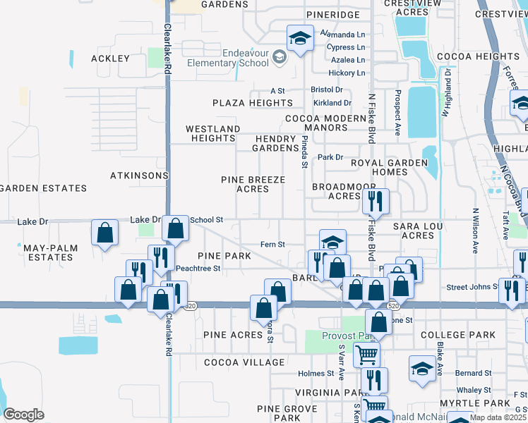 map of restaurants, bars, coffee shops, grocery stores, and more near 310 Pine Avenue in Cocoa