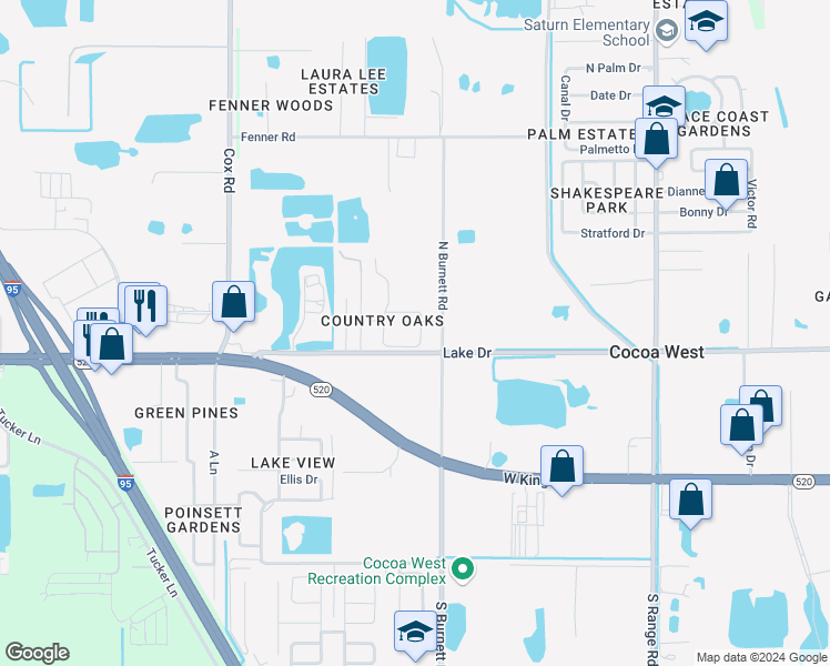 map of restaurants, bars, coffee shops, grocery stores, and more near 3718 Chambers Lane in Cocoa