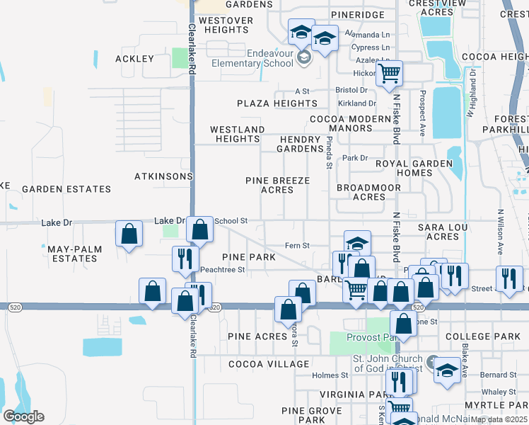 map of restaurants, bars, coffee shops, grocery stores, and more near 304 Palm Avenue in Cocoa