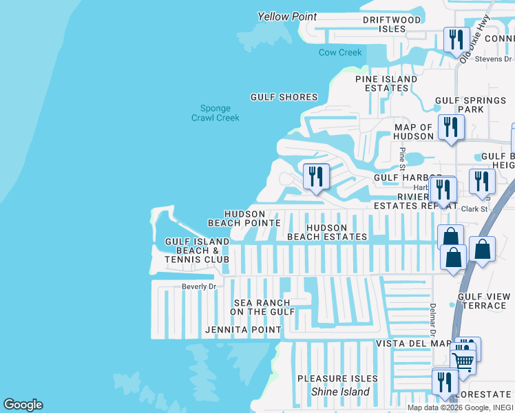 map of restaurants, bars, coffee shops, grocery stores, and more near 6229 Lonnie Lee Ln in Hudson