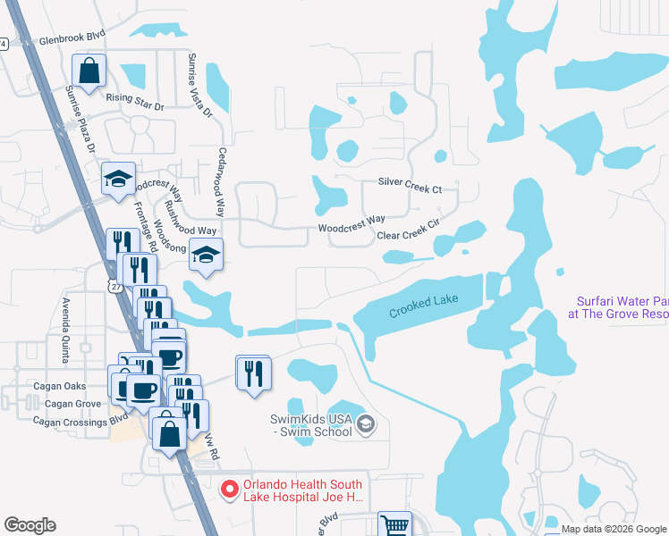 map of restaurants, bars, coffee shops, grocery stores, and more near 17220 Woodcrest Way in Clermont