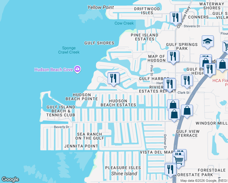 map of restaurants, bars, coffee shops, grocery stores, and more near 6431 Lonnie Lee Lane in Hudson