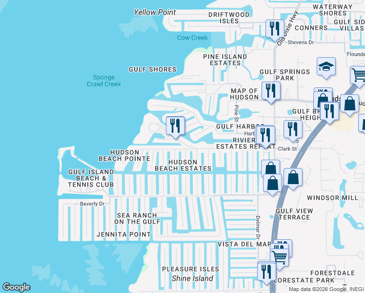 map of restaurants, bars, coffee shops, grocery stores, and more near 6503 Lonnie Lee Lane in Hudson
