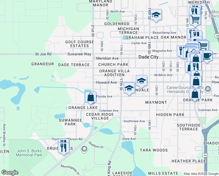 map of restaurants, bars, coffee shops, grocery stores, and more near 13928 19th Street in Dade City