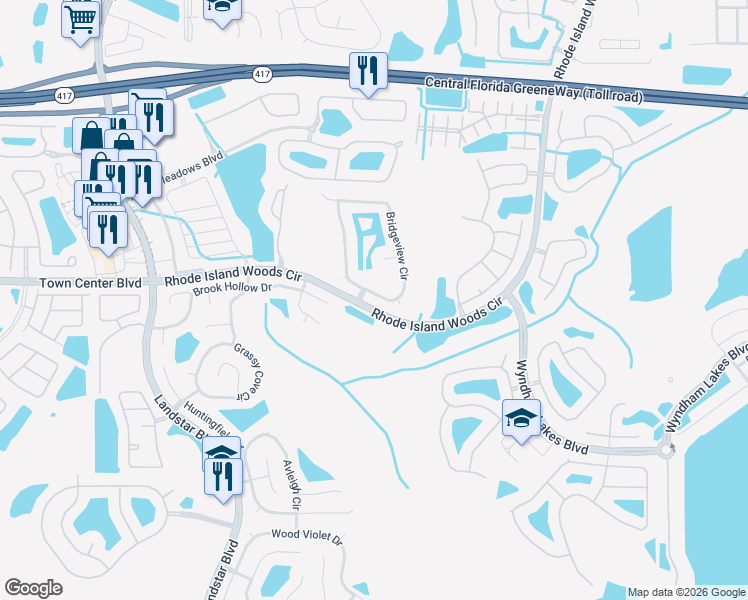 map of restaurants, bars, coffee shops, grocery stores, and more near 1818 Bridgeview Circle in Orlando