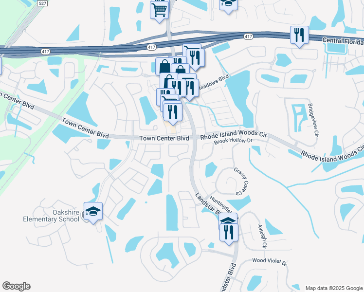 map of restaurants, bars, coffee shops, grocery stores, and more near 1350 Lucaya Circle in Orlando