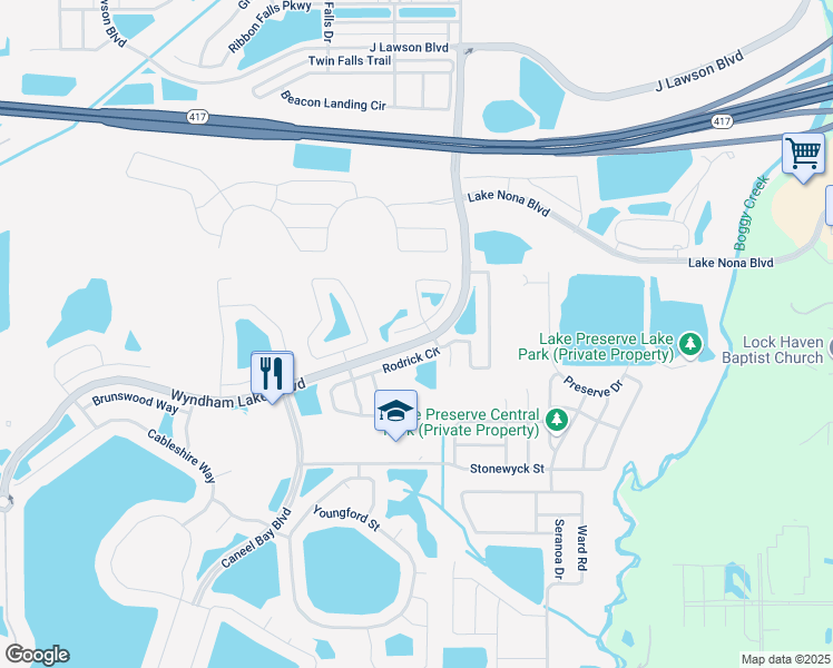 map of restaurants, bars, coffee shops, grocery stores, and more near 3224 Rodrick Circle in Orlando