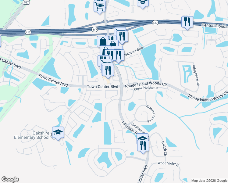 map of restaurants, bars, coffee shops, grocery stores, and more near 1350 Lucaya Circle in Orlando
