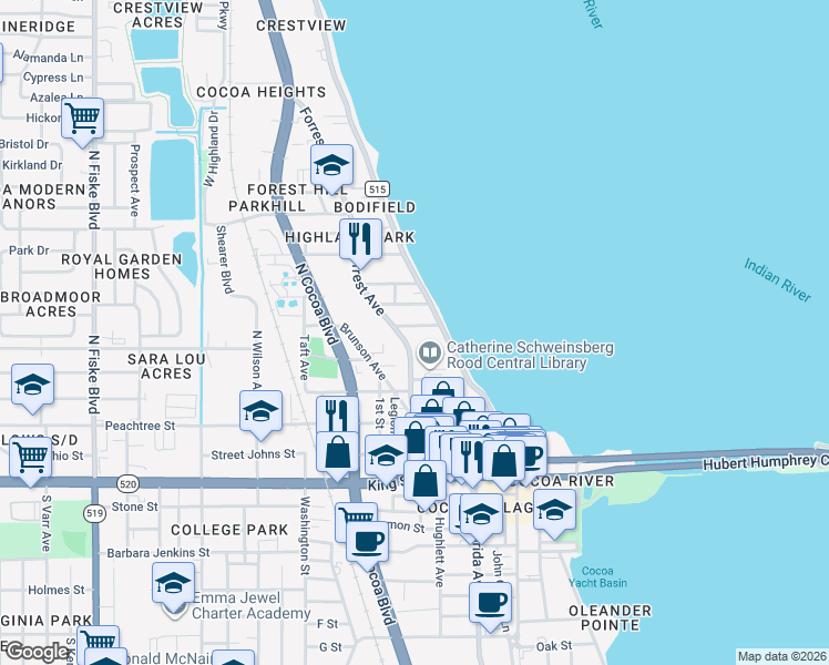 map of restaurants, bars, coffee shops, grocery stores, and more near 23 Mitchell Street in Cocoa