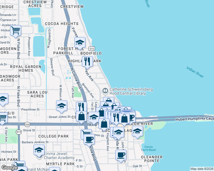 map of restaurants, bars, coffee shops, grocery stores, and more near 23 Mitchell Street in Cocoa