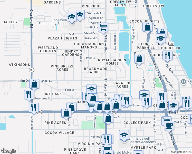 map of restaurants, bars, coffee shops, grocery stores, and more near 1052 Broadmoor Drive in Cocoa