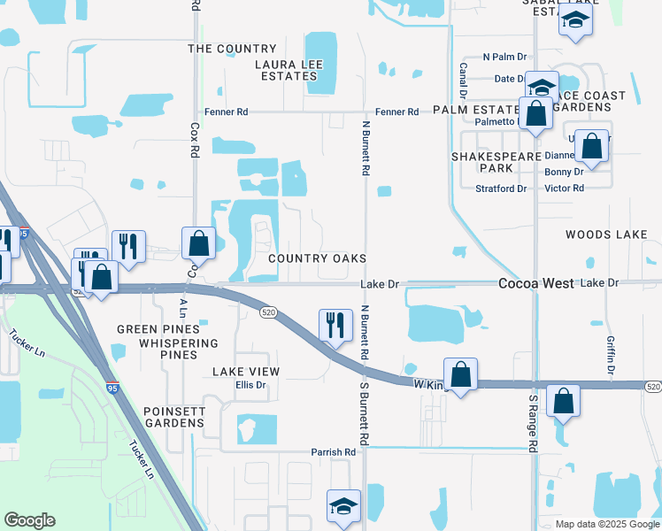 map of restaurants, bars, coffee shops, grocery stores, and more near 3718 Chambers Lane in Cocoa