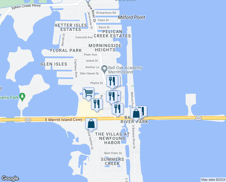 map of restaurants, bars, coffee shops, grocery stores, and more near 251 North Banana River Drive in Merritt Island