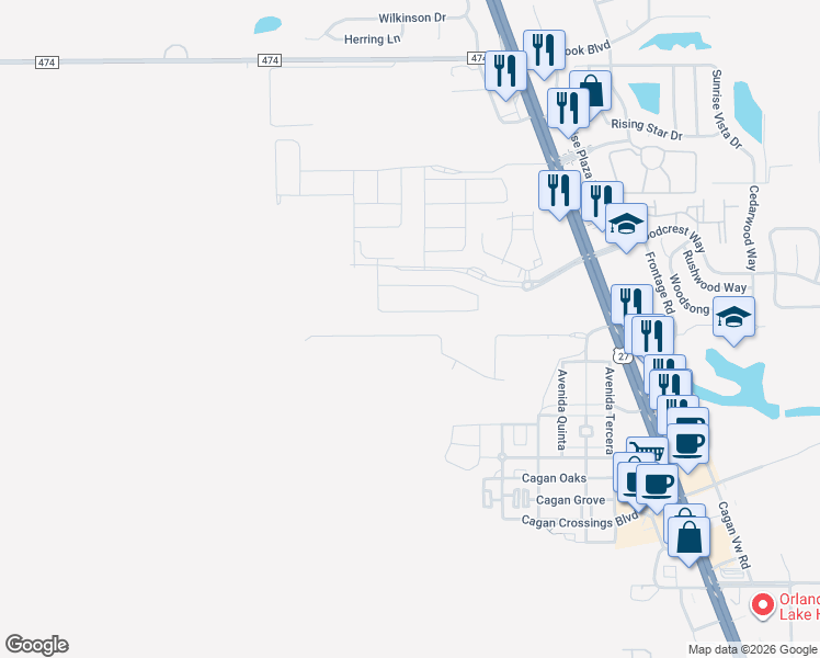 map of restaurants, bars, coffee shops, grocery stores, and more near 700 Avenida Cuarta in Clermont