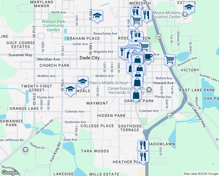 map of restaurants, bars, coffee shops, grocery stores, and more near 37641 Hendley Avenue in Dade City