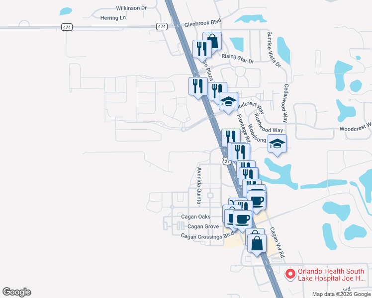 map of restaurants, bars, coffee shops, grocery stores, and more near 899 Avenida Quinta in Clermont