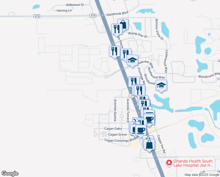 map of restaurants, bars, coffee shops, grocery stores, and more near 899 Avenida Quinta in Clermont