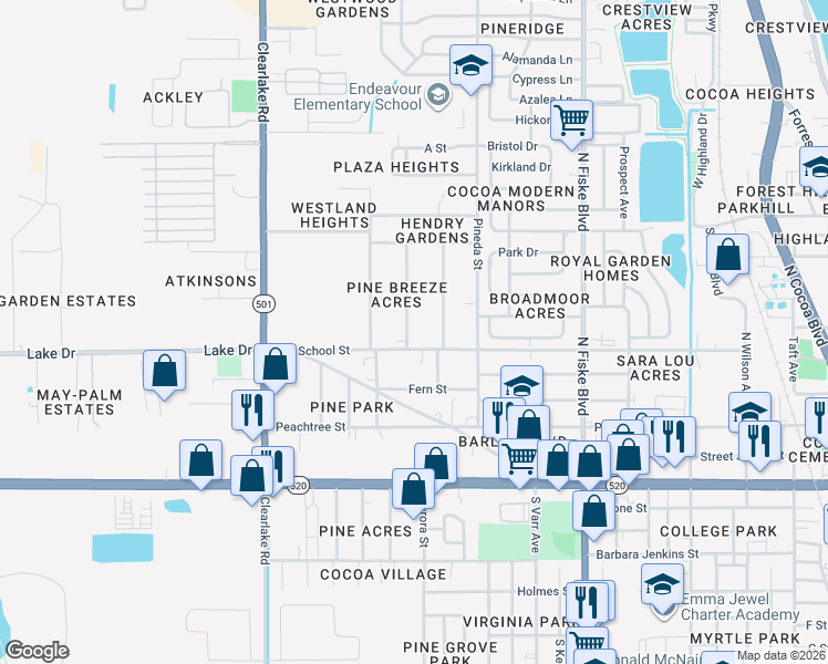 map of restaurants, bars, coffee shops, grocery stores, and more near 312 Pine Avenue in Cocoa