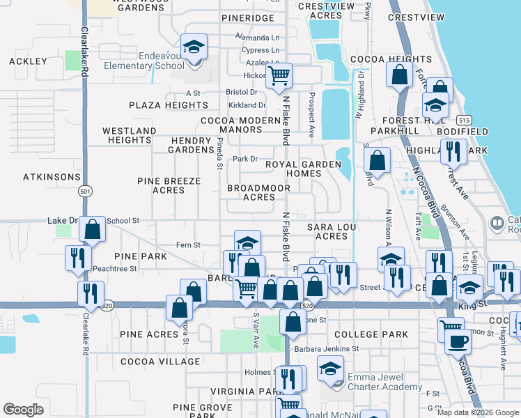 map of restaurants, bars, coffee shops, grocery stores, and more near 1043 Broadmoor Drive in Cocoa
