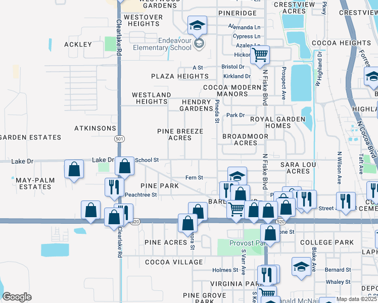 map of restaurants, bars, coffee shops, grocery stores, and more near 301 Pine Avenue in Cocoa
