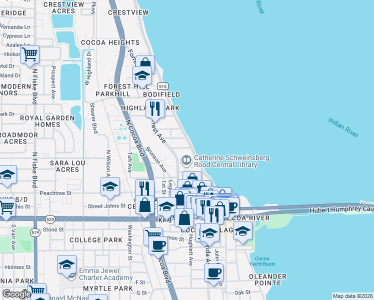 map of restaurants, bars, coffee shops, grocery stores, and more near 7 Mitchell Street in Cocoa