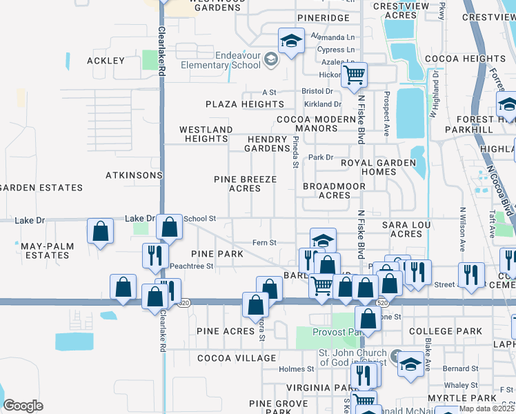 map of restaurants, bars, coffee shops, grocery stores, and more near 301 Pine Avenue in Cocoa
