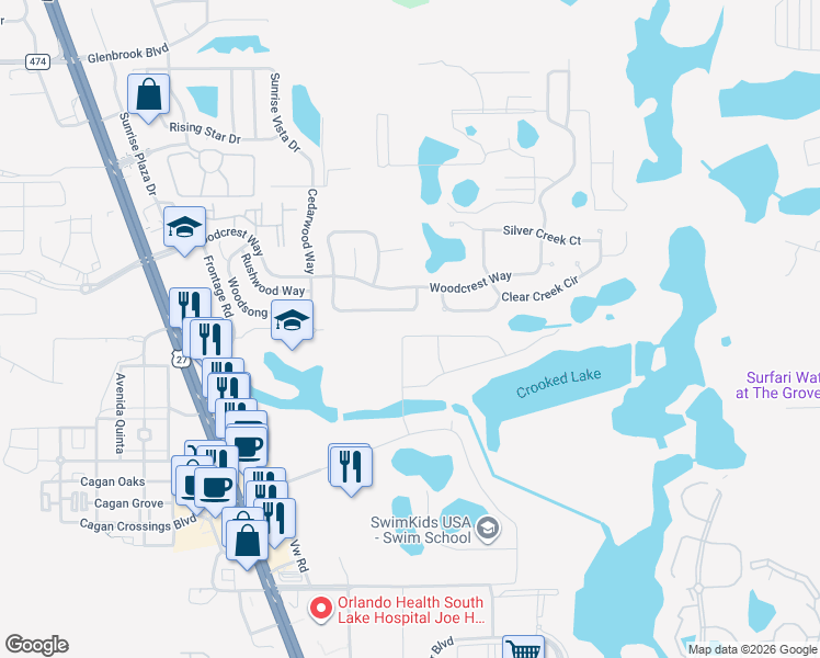map of restaurants, bars, coffee shops, grocery stores, and more near 1151 Woodflower Way in Clermont