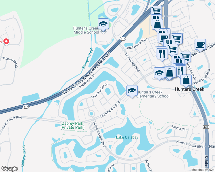 map of restaurants, bars, coffee shops, grocery stores, and more near 14336 Lord Barclay Drive in Orlando