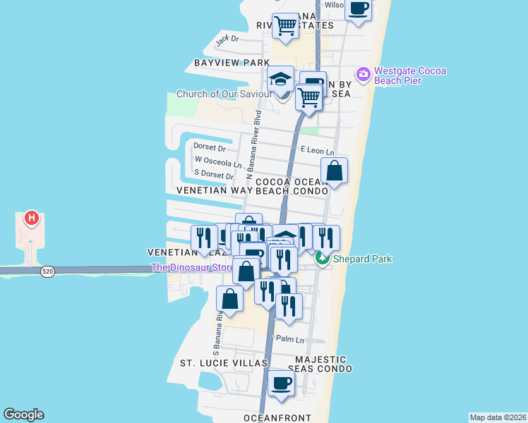 map of restaurants, bars, coffee shops, grocery stores, and more near 118 West Suwannee Lane in Cocoa Beach