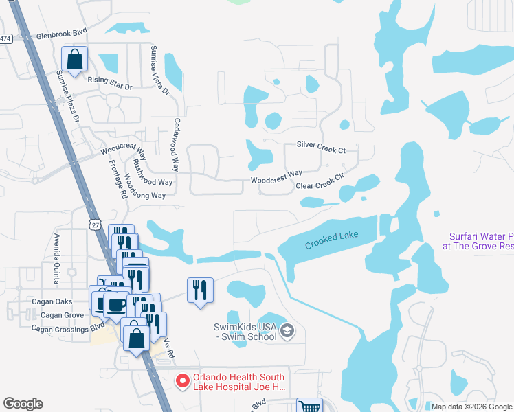 map of restaurants, bars, coffee shops, grocery stores, and more near 17220 Woodcrest Way in Clermont