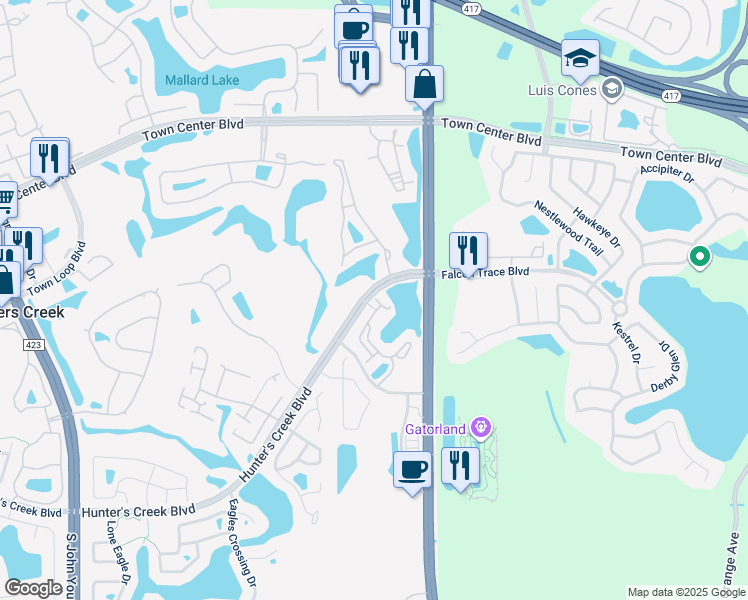 map of restaurants, bars, coffee shops, grocery stores, and more near 14201 Fredricksburg Drive in Orlando