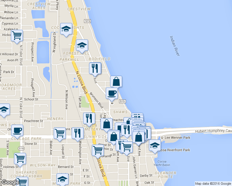 map of restaurants, bars, coffee shops, grocery stores, and more near 7 Mitchell Street in Cocoa