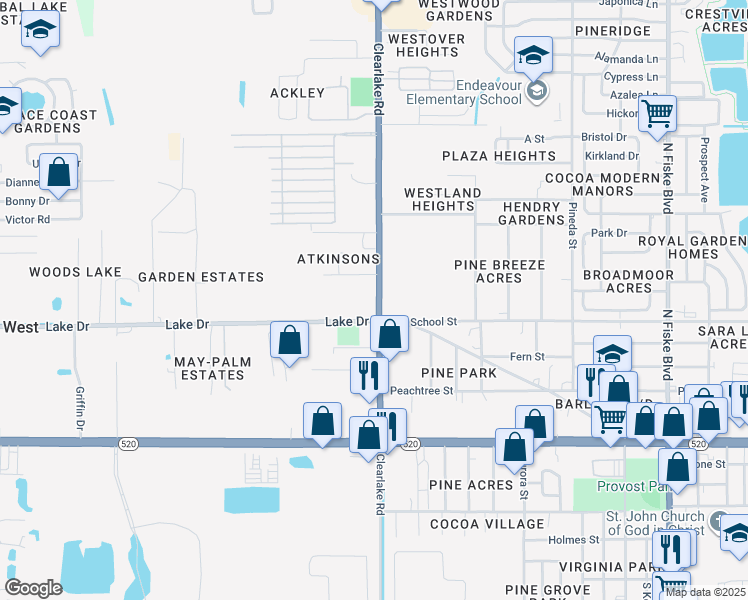map of restaurants, bars, coffee shops, grocery stores, and more near 1608 Lake Drive in Cocoa