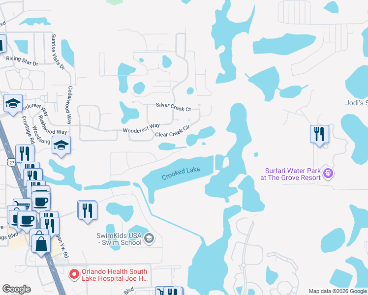 map of restaurants, bars, coffee shops, grocery stores, and more near 1015 Clear Creek Circle in Clermont