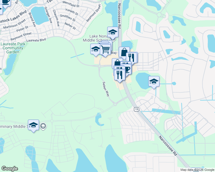 map of restaurants, bars, coffee shops, grocery stores, and more near 14105 Narcoossee Road in Orlando