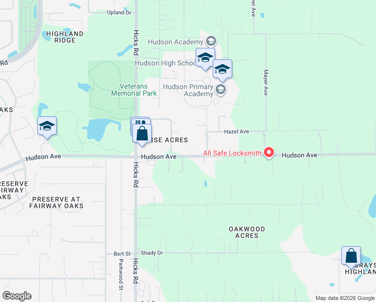 map of restaurants, bars, coffee shops, grocery stores, and more near 10237 Hudson Avenue in Hudson