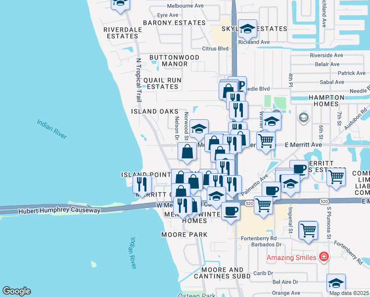 map of restaurants, bars, coffee shops, grocery stores, and more near 352 Hibiscus Avenue in Merritt Island