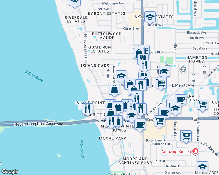 map of restaurants, bars, coffee shops, grocery stores, and more near 352 Hibiscus Avenue in Merritt Island