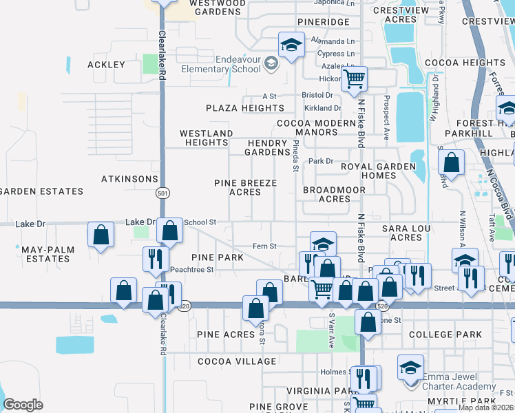 map of restaurants, bars, coffee shops, grocery stores, and more near 301 Pine Avenue in Cocoa