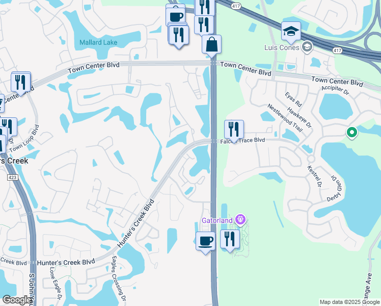 map of restaurants, bars, coffee shops, grocery stores, and more near 14201 Fredricksburg Drive in Orlando